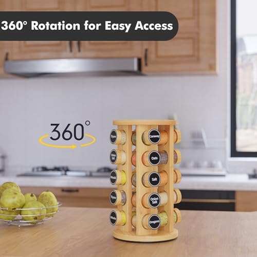 Revolving Spice Rack Set with 20 Spice Jars, Kitchen Spice Tower Organizer for Countertop or Cabinet - Carousel Storage Includes 386 Spice Labels (Bamboo)