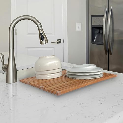 Roll Up Wooden Drying Rack Over The Sink Kitchen, Cover Sink Dry Dishes Bowl Spoon Quickly, Aesthetics and Finishes Coating, Neat Design Stain-Resistant Easy to Dry (Natural Wood color)