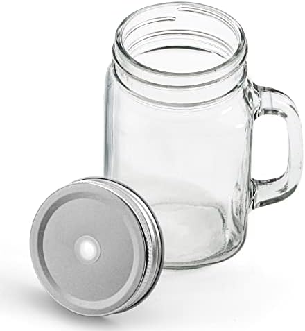 8 Pack 16 oz Glass Mason Jar Mugs with Handle, 16 Tin Lids and 8 Plastic Straws, Old Fashioned Mason Jar Drinking Glasses, Clear Glass Cups for Party and Daily Use