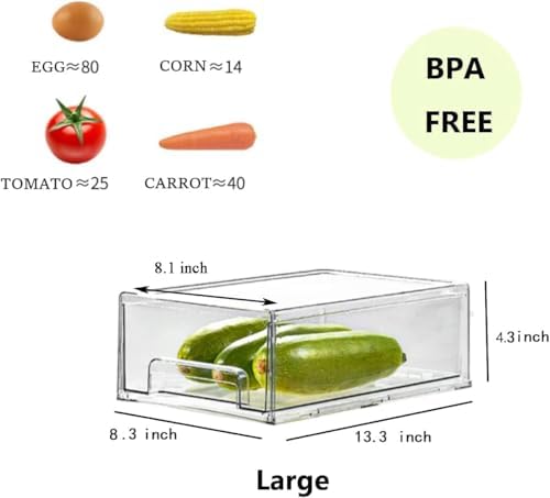 2Pack Clear Fridge Drawers Pull Out Stackable Refrigerator Drawer Organizer Bins Pantry Storage Box Plastic Food Containers for Kitchen Bathroom Office Closet (2pack-Large)