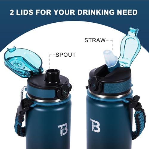 32oz Insulated Water Bottle with Straw Lid & Spout Lid & Paracord Handle, Stainless Steel Water Bottle Wide Mouth, Double Wall for Women Men Gym Fitness Outdoor