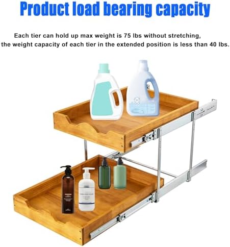 2 Tier Pull Out Cabinet Organizer (14" W x 18" D) Slide Out Wood Drawer, Two Tier Sliding Shelf Organization and Storage…