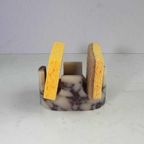 Natural Travertine Marble 2-Slot Sponge Holder for Kitchen Counter, 2-in-1 Stone Drying Rack, Sponge Caddy for Sink Organizer - Calacatta Viola Marble