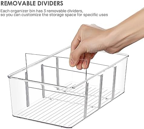 6 Pack Food Storage Organizer Bins, Clear Plastic, 4 Compartments