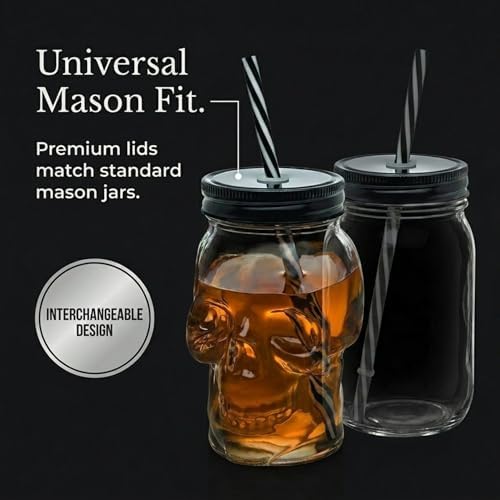 Skull Mason Jar Mug Tumbler Glass Cups with Cover and Straw, Halloween Decor, Drinking Glasses - 16oz - Set of 2