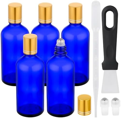 Segbeauty 3.4oz Thick Glass Roller Bottles for Essential Oils Blend, 5pcs Blue Empty Rollerball Bottles, 100ml Refillable Roller Ball Applicator for Perfume Oil Eye Essence, Large Glass Roll On Bottle by Segbeauty