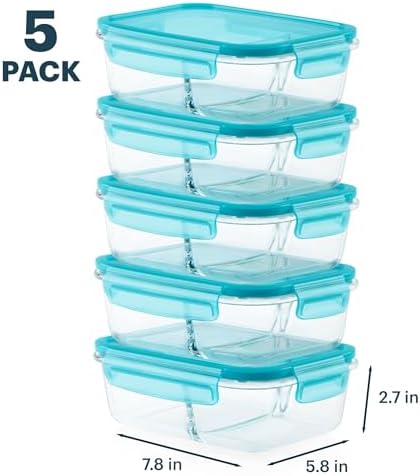 Glass Meal Box (5-Pack, 4 Cup) Divided Compartments, Locking Lids