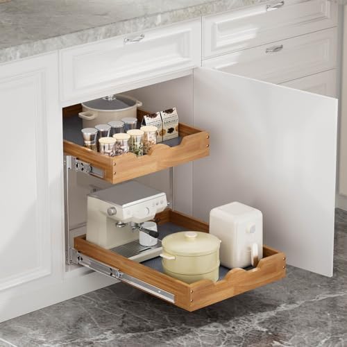 2 Tier Pull Out Cabinet Organizer (17"W x 21"D), Double Tier Slide out Wood Drawer Shelf, Pull Out Shelves for Base Cabinet Organization in Kitchen, Pantry, Bathroom