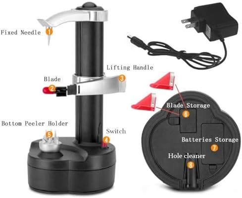 Electric Potato Peeler Automatic Apple Peeler, Smart Vegetable Fruit Peeler, Electric Peeler Machine [1 Adapter 2 Extra Blades] with Potato Cutter (Black-A)