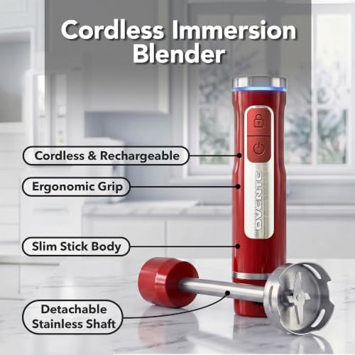OVENTE Cordless Hand Blender, Rechargeable with 8 Mixing Speed Red HR781R - Image 3