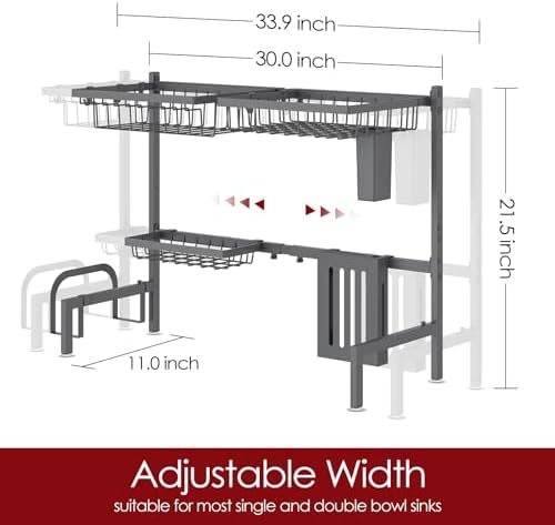 Over The Sink Dish Drying Rack - Adjustable 2 Tier Large Capacity Stainless Steel Drainer with Cutlery & Utensil Holders, Kitchen Storage & Organization, 30"-33.9" L x 11" W x 21.5" H, Gray