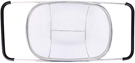 Over the Sink Colander with Expandable Rubber Grip Handles - Fine Mesh Oval Strainer in Stainless Steel -Drain, Rinse Fruits and Vegetables