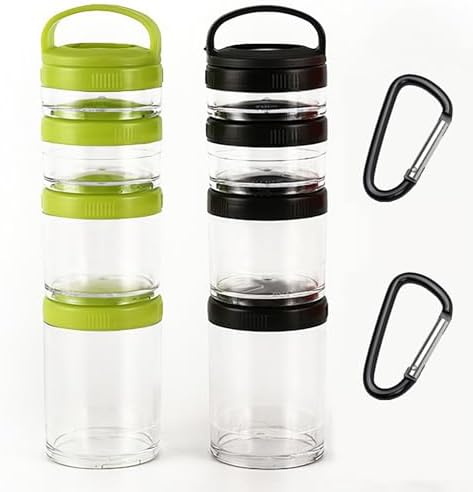 2PCS Stackable Snack Container and Protein Powder Shaker Cup, Portable Keychain with Twist Lock System, Leak-proof for School, Travel, Workout Fitness (Black, Green) Small size by Manwetye