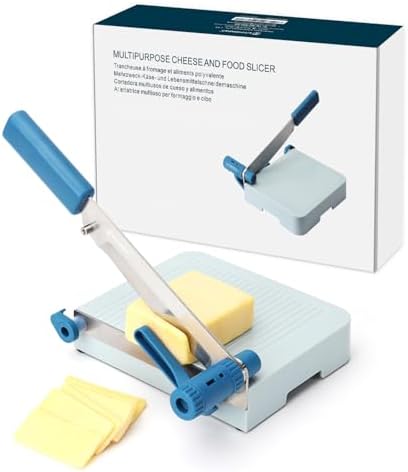 Multipurpose Cheese Slicer Cutter with Board for Arthritic and Weak Hands, Adjustable Thickness Dial for Block Cheese, Effortless Slicing, Guillotine Sausage Ham Biltong Jerky Slicer