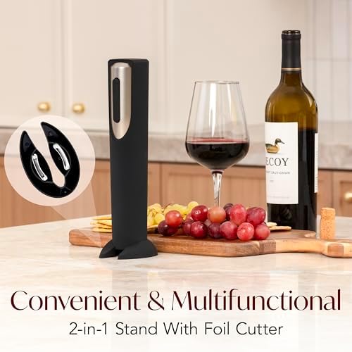 Electric Wine Opener Battery Operated with Stand and Built-in Foil Cutter - Automatic Wine Opener - Electric Corkscrew for Easy Cork Removal - Best Gift for Wine Lover (Black & Silver)