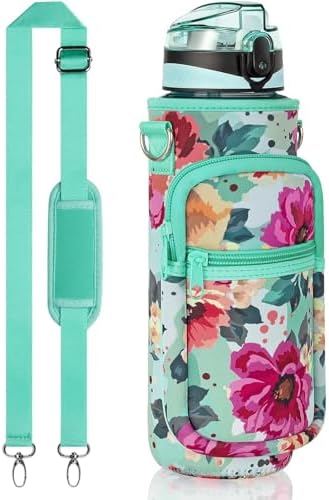 32 oz Water Bottle with Sleeve - BPA Free Leakproof Sport Large 1L Plastic Motivational Water Bottle with Straw Strap & Insulated Neoprene Holder Carrier Bag Great Xmas Gift for Women Men