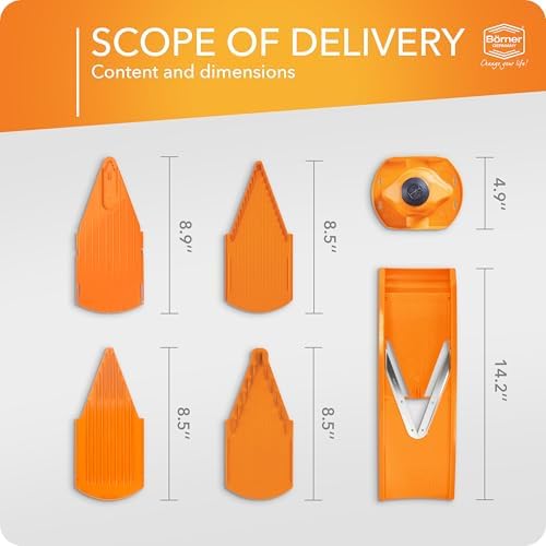 Mandoline Food Slicer V1 (Starter Set) by Reston Lloyd • V-Slicer with 3 Blade Inserts & Food Holder • Made in Germany • Fruit & Vegetable Chopper • Multiple Settings • Color: Orange