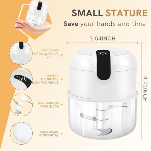 Electric Garlic Chopper, 250ml Mini Food Processor, USB Rechargeable Garlic Mincer, Wireless Small Food Chopper for Onion, Veggie, Ginger, Chili, Fruit, Meat