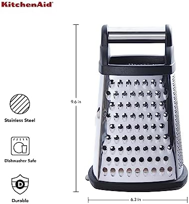 KitchenAid Gourmet Box Grater with Detachable Measuring Container and Lid, Stainless Steel Coarse Medium Fine Grater and Slicer, Dishwasher Safe, Black