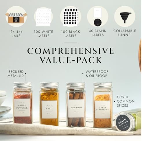 Thick Glass Spice Jars With Labels, Airtight Metal Lids 4oz 24 Pack