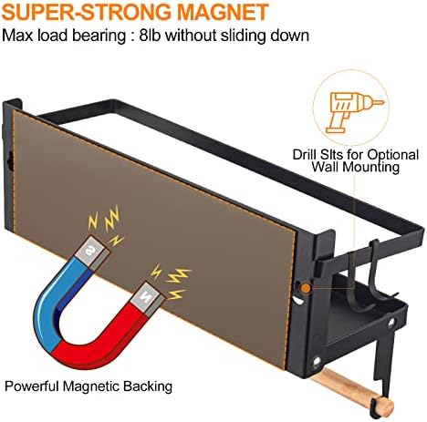 Spice Rack Magnetic Shelf, Foldable Refrigerator Magnetic Spice Holder, Wall Mounted Seasoning Organizer Hanging Spice Storage Stand with Paper Towel Holder Roll & Hooks