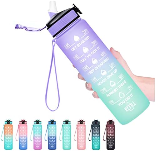 Water Bottle with Straw & Time Marker, Plastic 32oz Leakproof