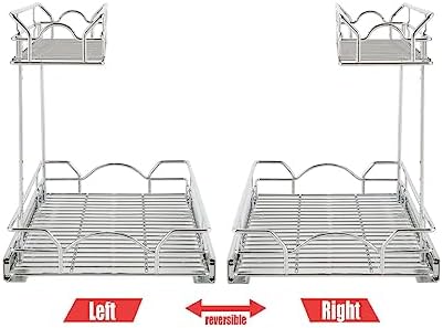 Under Sink Cabinet Organizer Two Tier Pull Out Shelf (14.75W x 21D), Under Sink Sliding Shelf for Kitchen Bathroom Cabinet 2 Tier Chrome