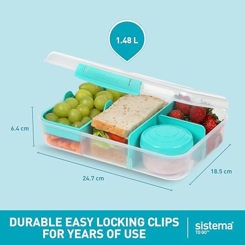 To Go 1.48L (2-Pack) Bento Box Food Storage Containers, School Lunch Boxes with Removable Dividers & Snack Pot, Two 1.48L Containers, Freezer, Microwave, & Dishwasher-Safe, BPA-Free