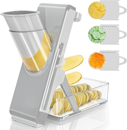 Eletronova Safe Mandoline Slicer for Kitchen, Vegetable Slicer with Container, French Fry Cutter, All in 1 Julienne Slicer for Potato, Thickness Adjustable, Detachable Blade (Gray) by Eletronova