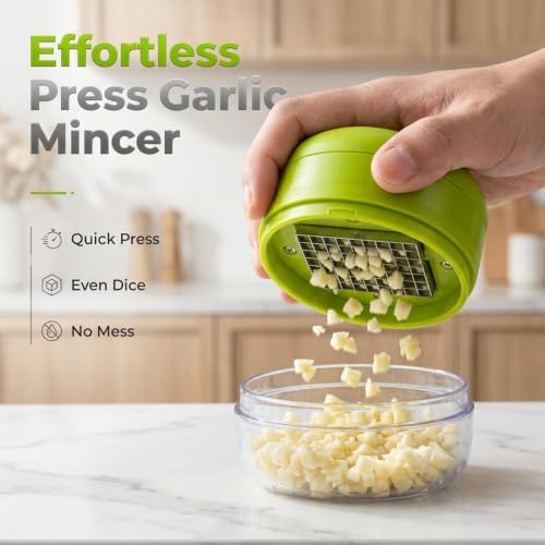 Manual Garlic Masher, Stainless Steel Blade Garlic Mincer Crusher with Peeler and Cleaning Brush, Hand-Press Garlic Chopper Grater for Ginger, Nut, Herb (1PCS)