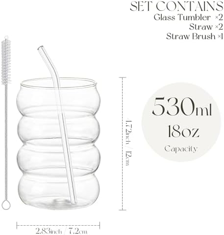 2PCS Wave Bubble Beverage Glasses With Straws, 18 Oz Vintage Glass Cups, Aesthetic Iced Coffee Glasses, Ripple Glassware, Beer Glasses - Stylish Drinkware for Every Occasion