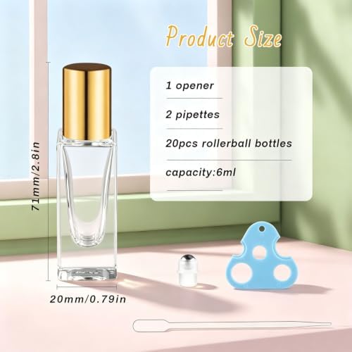 20 Pack 6ml Square Essential Oil Roller Bottles with Gold Caps Refillable Empty Glass Containers for Aromatherapy Perfume DIY Skincare and Personal Blends - Image 2
