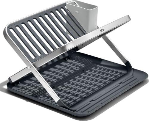 OXO Good Grips Aluminum Fold Flat Dish Drying Rack, 2-Tier, with Drainboard