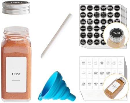 24 Pcs Spice Jars with Labels, Empty 4oz Glass Spice Bottles, Minimalist Farmhouse Spice Labels Stickers with Funnel, Seasoning Containers for Spice Rack, Cabinet and Drawer