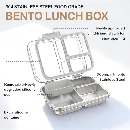 Stainless Steel Bento Lunch Box for Kids Adults, 3 Compartments Metal Bento Box with Transparent Lid & Silicone Container for Kids,Dishwasher-Safe,School & Travel,BPA-Free(Grey)