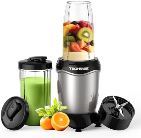 TechRise 600W Personal Blender, Smoothie Blender with 2 x 17oz Portable Cups with Sip Lids, Stainless Steel Blade, for Smoothies Shakes Ice Crushing, Baby Food, Dishwasher Safe Portable Small Blenders by TechRise