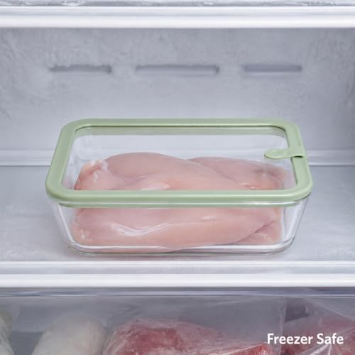 Glass Food Storage Containers, Set of 3 - Airtight Vacuum Sealed Steam Vent Lids - Rectangular Borosilicate Glass Dishes with Ombre Green Lids - Assorted Sizes for Meal Prep & Leftovers, Sage
