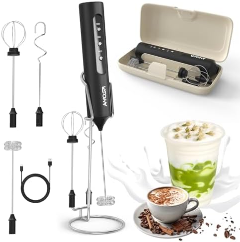 AMOSA Milk Frother Handheld with Stand & Case, 3-Speed & 3 Whisks by AMOSA