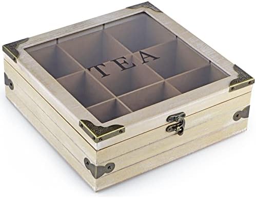 Wood Tea Box Organizer, Tea Storage Chest with Glass Lid, 9 Compartments, Tea Bag Holder for Cabinet, Pantry