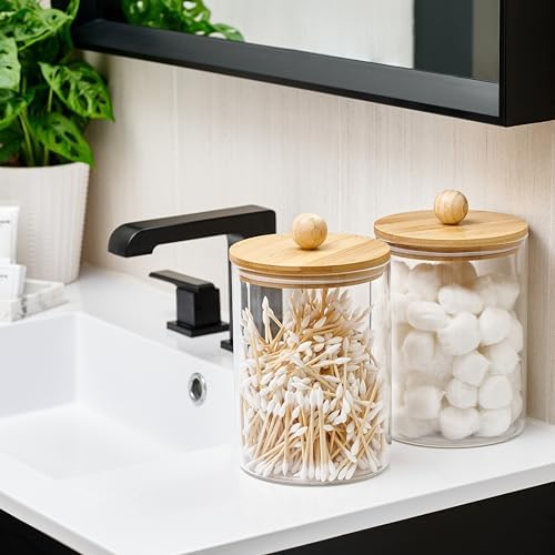 Set of 2 Glass Canisters for Kitchen Counter with Airtight Bamboo Lids + Marker & Labels - 68oz. Large Cookie Jars Wooden Lid, Food Storage Containers Pantry, Flour, Sugar, Pasta, Candy.
