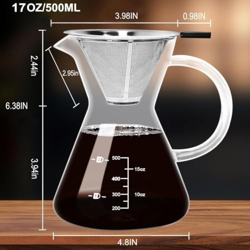 17oz/500ML Glass Pour Over Coffee Maker & Stainless Filter