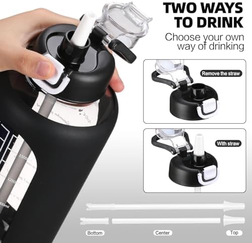 32 oz Glass Water Bolttles with Straw Large Motivational Water Bottle with Time Marker Sports Water Bottles with Silicone Sleeve and Handle Lid Water Jug for Gym Workout