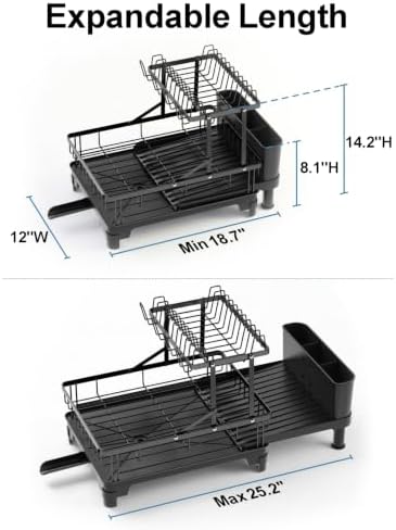 Large Expandable 2 Tier Dish Drying Rack for Kitchen Counter, Black
