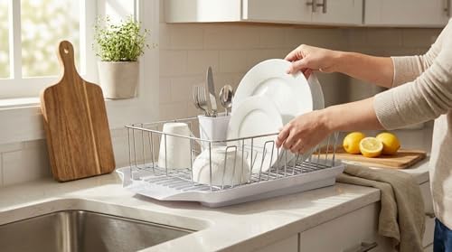 Classic Large Rust Resistant Full Dishrack with Removable 3 Compartment Flatware Caddy, Andlged Drain Board, 3-Piece, White