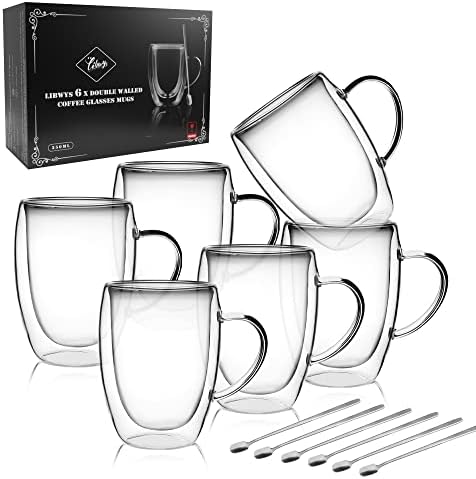 6 Pack Double Walled Coffee Cups Glasses Mug 12oz Borosilicate Glass