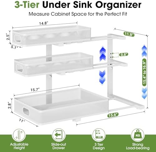 Under Sink Organizer 3 Tier, 2 Pack L-Shaped Pull-Out Cabinet Organizer with Sliding Metal Mesh Drawers, Height Adjustable Under Sink Storage Rack for Kitchen Bathroom Cabinet, White