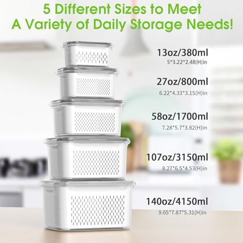 Fruit Storage Containers for Fridge with Colander, Vent, Handle Lids
