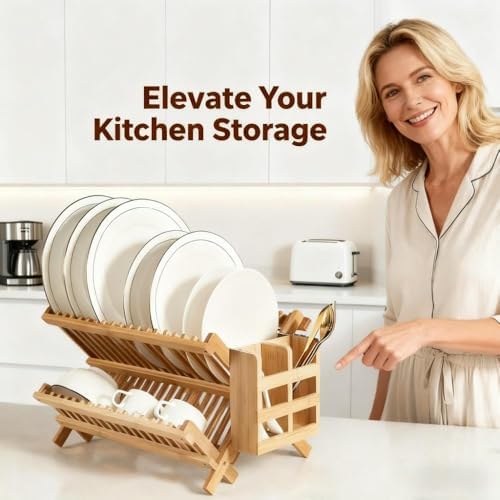Dish Drying Rack Collapsible 2-Tier Bamboo Dish Rack for Kitchen Counter Wooden Dish Drainer with Foldable Space-Saving Design for Dishes, Plates, and Cups