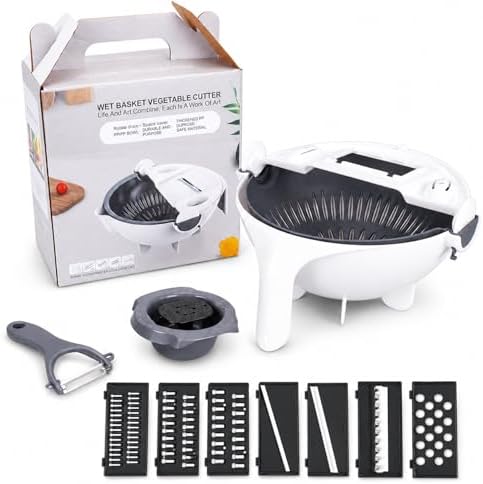 9-in-1 Vegetable Chopper with Drain Basket, Multifunction Food Cutter Slicer Dicer Grater with Interchangeable Blades and Container for Onion, Potato, Cucumber, Fruit and Meal Prep (1Pcs) by Unknown