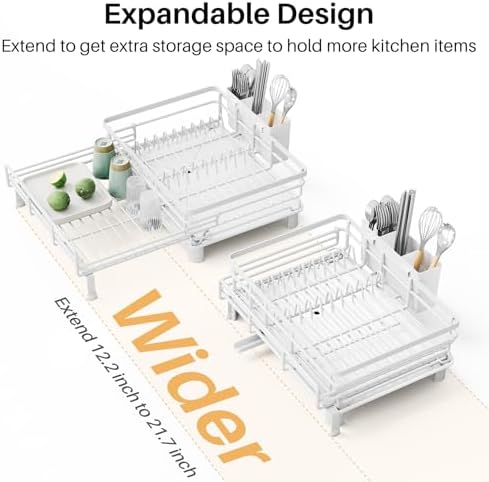 Expandable Dish Drying Rack for Kitchen Counter, Stainless Steel, White